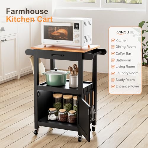 VINGLI Rolling Kitchen Cart with Microwave Stand, Storage Cabinet & Drawer, Small Coffee Cart with Side Hooks & Towel Rods, Compact Kitchen Island on Swivel Wheels, Black - color: Black, size: 33"