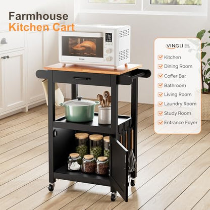 VINGLI Rolling Kitchen Cart with Microwave Stand, Storage Cabinet & Drawer, Small Coffee Cart with Side Hooks & Towel Rods, Compact Kitchen Island on Swivel Wheels, Black - color: Black, size: 33"