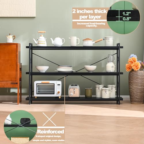 HCHQHS Bookshelf, 3-Tier Long Industrial Bookcase, Black Open Book Shelf, Freestanding Horizontal Bookshelves with Metal Frame - color: Ebony Black, size: 3-Tier (56.7"W x 35.8"H)