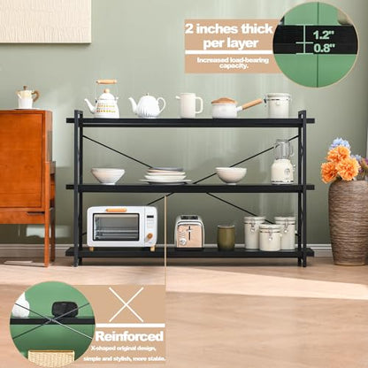 HCHQHS Bookshelf, 3-Tier Long Industrial Bookcase, Black Open Book Shelf, Freestanding Horizontal Bookshelves with Metal Frame - color: Ebony Black, size: 3-Tier (56.7"W x 35.8"H)