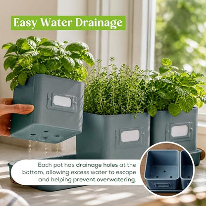 volila Herb Planter Indoor - Set of 3 Teal Blue Indoor Herb Garden Pots for Plants with Leather Handled Tray - Window Sill Plant Shelf - Herb Pots with Drainage Holes and Labels - color: Teal Blue