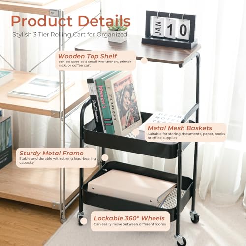 3-Tier Rolling Storage Cart with Wooden Top, Mobile Organizer on Wheels | Keeps books, folders and daily essentials neatly organized while adding convenient workspace in any room.