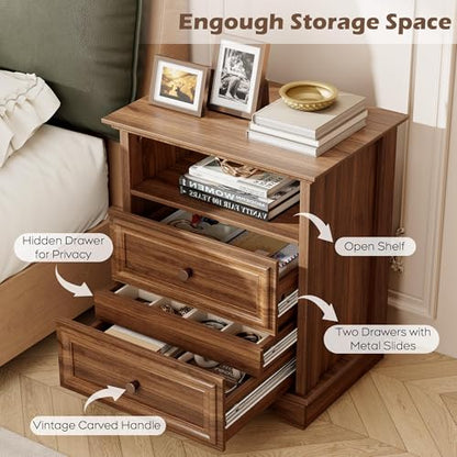 Brafab Bedside Table Set of 2 with Hidden Drawer, 25" Tall | Walnut Night Stand with 2 Drawers and Open Shelf, Classic Wood Night Stands with Secret Storage for Bedroom, Guest Room - color: Walnut