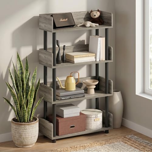 4-Tier Open Shelves Book Shelf with Side Panels, Storage Shelves with Rounded Corner Top Edges, Display Shelf for Organization and Storage, Home Office, Living Room, French Oak - color: French Oak/Black, size: 4 Tier
