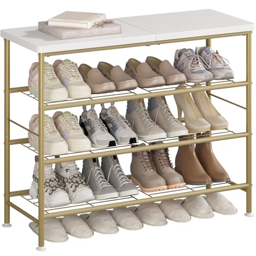 SUOERNUO Shoe Rack Organizer 4 Tier for Closet Entryway Free Standing Metal Storage Shoe Shelf with MDF Top Board，Gold - color: Gold, size: Standard 4 Tier