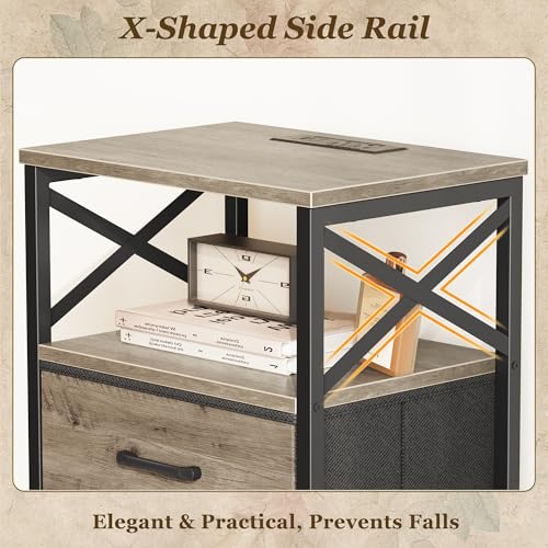 Huuger Nightstands Set of 2, Night Stand with Charger Station, 2 Drawer Side Table with Open Shelf, USB-C Port, End Table for Small Spaces, X Shaped Side Rail, Oak - color: Oak