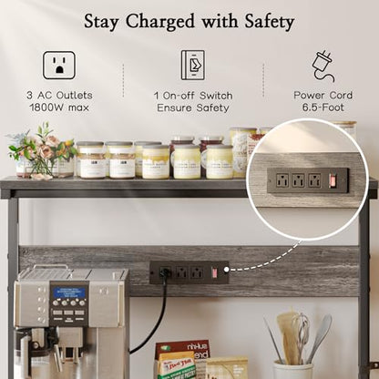 SUPERJARE Bakers Rack with Power Outlets, Microwave Stand, 39.4 X 14.3 Inch Larger Desktop, Kitchen Storage Rack with Adjustable Middle Shelf, 6 S-Shaped Hooks, Coffee Bar Stand, Grey - color: Charcoal Gray, size: 39.4inch