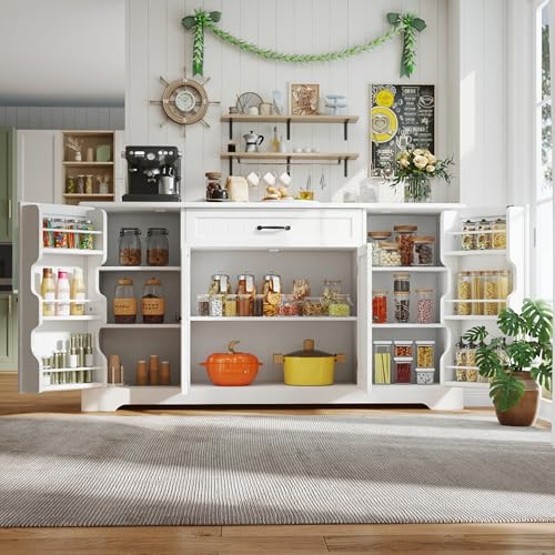 Gizoon 56" Kitchen Coffee Bar Cabinet with Storage Kitchen Sideboard Buffet Cabinet with Drawers, Short Pantry with Door and Shelves for Bathroom and Living Room, White - color: White, size: 56"W (4 Doors + 1 Drawer)