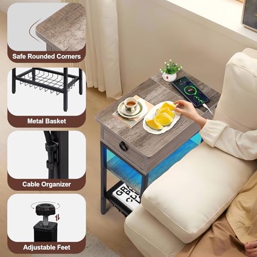 Small Grey Side Table Charging Station with LED Light, Narrow Grey Living Room End Tables with Storage, Skinny USB Nightstand with Outlet, Gaming Coffee Table for Couch with USB Ports - color: Elegent Grey With Light, style: Modern