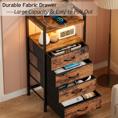 Furnulem Night Stand with Charging Station, 4 Drawer Tall Bedside Table | small dresser for bedroom, with LED light & Remote Control, Fabric Bins and Metal Frame,Wood Desk Top,Easy Assemble for Dorm - color: Rustic Brown