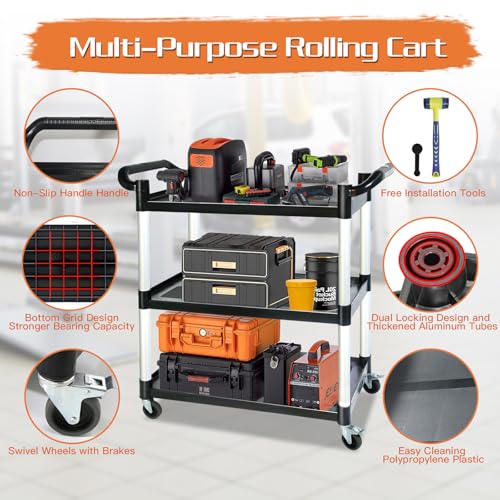 Utility Carts with Wheels,3-Tier Rolling Cart with Wheels, Heavy Duty 510 LBS Food Service Cart with Rubber Pad and Hammer for Kitchen/Office/Warehouse, 31.5" X 16.9" X 38.9"(Black)
