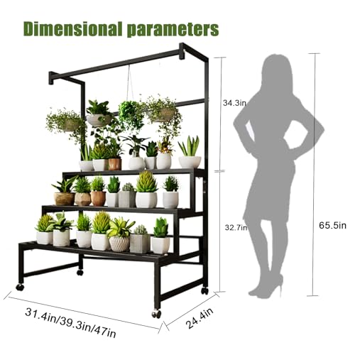 4-Tier Metal Plant Stand on Wheels, 47x24x65 H, 440 lbs Cap. | Sturdy Black Iron Tiered Plant Stand, Stair Shape Display Rack for Indoor & Outdoor Use in Home, Garden, Retail - size: 47in