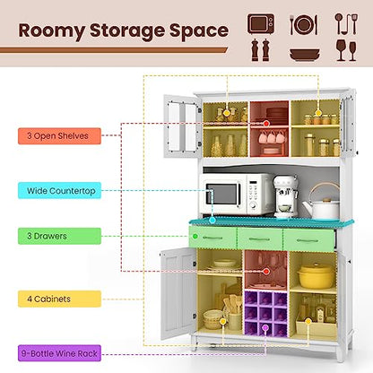 PETSITE Kitchen Pantry Storage Cabinet, Freestanding Microwave Cupboard with Tempered Glass Cabinet, Wine Rack, Adjustable Shelves, Buffet with Hutch for Living Room, Dining Room, White