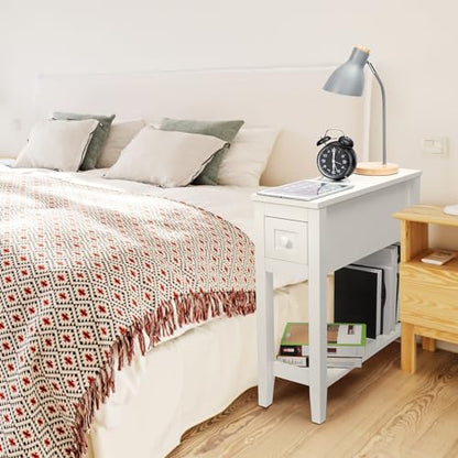 Narrow Side Table for Small Spaces, White Table with Drawer, Slim Bed Table/Night Stand Set of 2, Couch Table - size: 2 set White