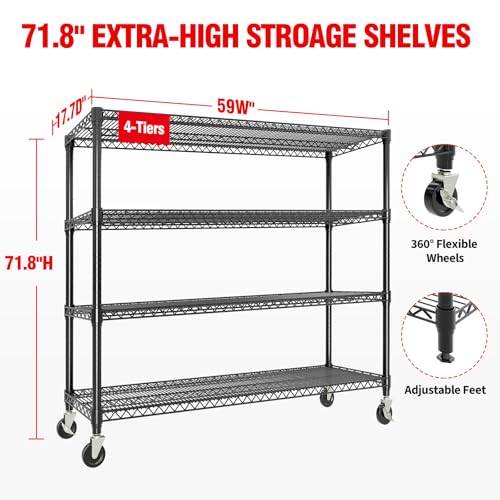 Garvee Metal Shelving with Wheels 4-Tier, 71.8"H Storage Shelves Heavy Duty Rolling Rack Shelf with Lockable Casters, Adjustable Wire Shelving Units, for Garage Commercial Kitchen Pantry, 59" Wx17.7"D | 2560LBS, Adjustable Wire Shelving Units, Rolling Ste