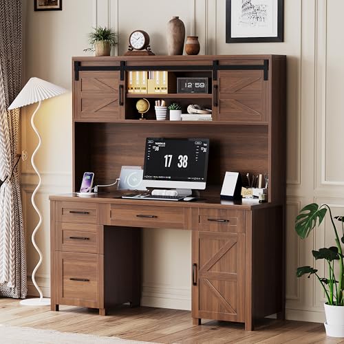 61" Farmhouse Executive Desk with Hutch & Charging Station, Wooden Computer Desk with 2 Sliding Barn Doors, 5 Drawers & Storage Cabinet with Adjustable Shelf for Home Office, Bedroom (Walnut-01) - color: Walnut-01