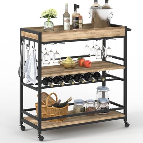 Bar Cart for The Home, Bar Serving Carts on Wheels, 3 Tier Storage Drink Trolley, Rolling Wood and Metal Liquor Beverage Cart (Vintage Oak) - color: Vintage Oak, size: 14.17"D x 37.01"W x 35.23"H
