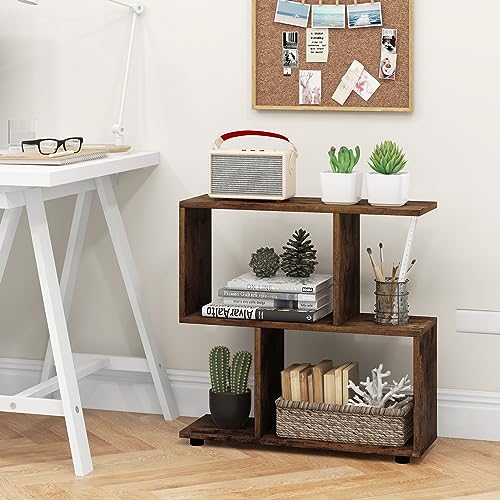 Tangkula 2 Tier Geometric Bookshelf, Freestanding Wood Display Shelf, Home Office Room Divider S Shaped Open Bookcase, Small Bookshelf for Small Spaces, Living Room, Study (Coffee, 1) - color: Coffee, size: 1