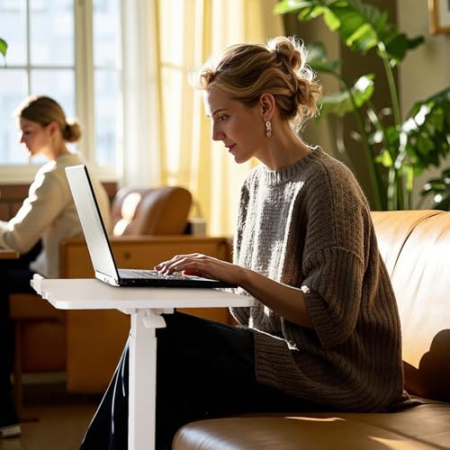 DUMOS Small Standing Desk Rolling Table Adjustable Height, Laptop Mobile Stand with Wheels, Portable Computer Workstation with Tiltable Desktop for Teacher Classroom Home Office, White - color: White