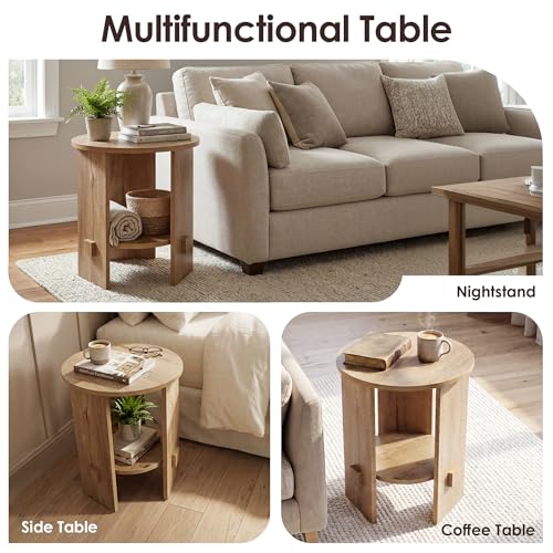 Round End Table with 2-Tier Storage Set of 2, 15.5” Small Side Table for Living Room, Modern Nightstand with Open Shelf, Compact Accent Table for Bedroom, Sofa Side, (Natural) - color: Natural