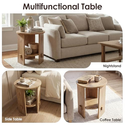 Round End Table with 2-Tier Storage Set of 2, 15.5” Small Side Table for Living Room, Modern Nightstand with Open Shelf, Compact Accent Table for Bedroom, Sofa Side, (Natural) - color: Natural