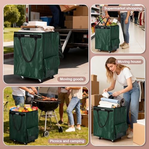 Reusable Grocery Bag Tote Bag with Wheels, Foldable Rolling Tote Bag with 3 Handles and Zipper - color: Green, size: Medium