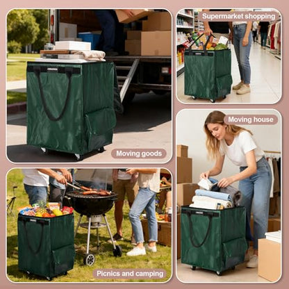 Reusable Grocery Bag Tote Bag with Wheels, Foldable Rolling Tote Bag with 3 Handles and Zipper - color: Green, size: Medium