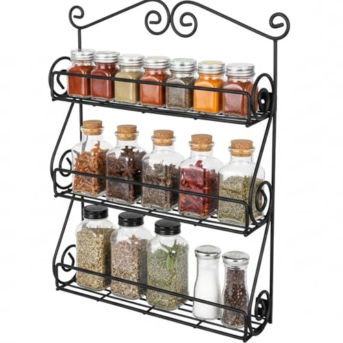 FitWell Scroll Wall Mount Spice Rack, 3-Tier, Traditional Spice Rack Cabinet & Kitchen, Beauty & Nail Polish Organizer for Bathroom, Scroll Wall-Mounted (Black) - color: Black