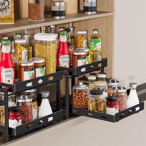 Pull Out Spice Rack Organizer for Cabinet, 2 Tier Cabinet Spice Rack Organizer, Height Adjustable Vertical Spice Rack for Cabinet, Kitchen, Pantry, Cupboard (11.9''Wx10.8''Dx9.2''H, Metal Black) - size: 11.9''Wx10.8''Dx9.2''H,2 Tier