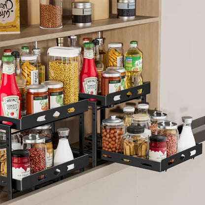 Pull Out Spice Rack Organizer for Cabinet, 2 Tier Cabinet Spice Rack Organizer, Height Adjustable Vertical Spice Rack for Cabinet, Kitchen, Pantry, Cupboard (11.9''Wx10.8''Dx9.2''H, Metal Black) - size: 11.9''Wx10.8''Dx9.2''H,2 Tier