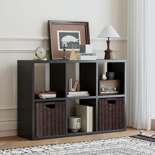 6 Cube Storage Organizer with 2 Storage Baskets, Cubicle Decorative Black Book Shelf, 2-Tier Space Saving Storage Shelf Bookcase, Metal Display Shelf for Living Room, Office, Classroom - color: Black, size: 6 Cube - Basket