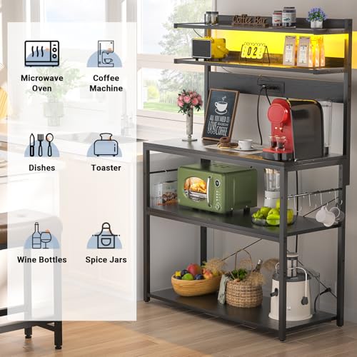 Aheaplus Bakers Rack with Power Outlet, Microwave Stand, 5 Tiers Coffee Bar Station with Led Lights, Kitchen Storage Shelf with 6 S-shaped Hooks, Kitchen Rack Coffee Bar Stand, Black - color: Black, size: 31.5 inch