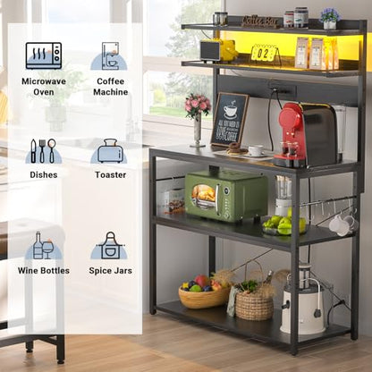 Aheaplus Bakers Rack with Power Outlet, Microwave Stand, 5 Tiers Coffee Bar Station with Led Lights, Kitchen Storage Shelf with 6 S-shaped Hooks, Kitchen Rack Coffee Bar Stand, Black - color: Black, size: 31.5 inch