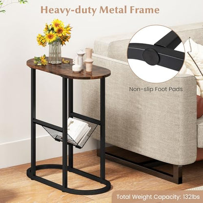 Giantex Oval Narrow Side Table, Set of 2 Small End Table with Magazine Rack Sling Holder Pouch, Industrial Nightstand, Bedside Tables for Living Room Bedroom Couch Small Spaces, Rustic Brown & Black - color: Rustic Brown & Black