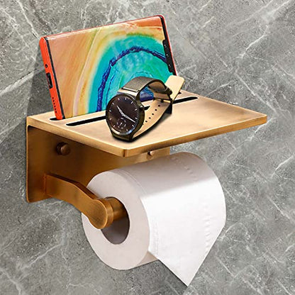 Toilet Paper Holder with Shelf, Aluminum Tissue Roll Dispenser with Mobile Phone Storage Shelf for Bathroom, 3M Self Adhesiv or Wall-Mounted with Screws, Antique Brass - color: Brass Antique