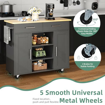 Shintenchi Kitchen Island with Storage, Kitchen Island Cart on Wheels with 3 Open Shelves, 2 Drawers and 2 Cabinets, Rolling Kitchen Table with Large Countertop, Gray - color: Silver