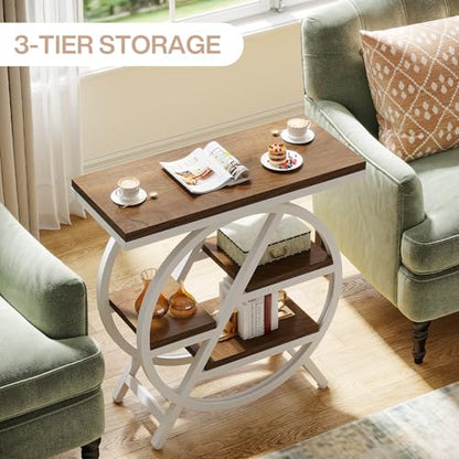 Tribesigns End Table for Living Room, 3-Tier Narrow Side Table with Storage, Wood Sofa Side Table with Geometric Metal Frame, Industrial Nightstand and Bedside Table for Bedroom (Light Brown+White) - color: Light Brown&white
