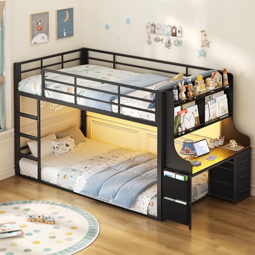 ADORNEVE Low Bunk Bed Twin Size with Desk, Bookshelf & 3 Storage Drawers, Metal Floor Bunk Bed Twin Over Twin with RGB Lights & Charging Station, Safety Guardrail & Ladder, Small Space, Black - color: Black