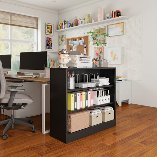 IRONMIX Metal Bookshelf, 3-Tier Black Bookshelf with Adjustable Shelves, Office Shelves, Open Small Bookshelf for Small Places, 39.3" Wide Cabint Display Case for Home Office, Library, Living Room - color: Black, size: 39.3" W-0 Door-2 shelf