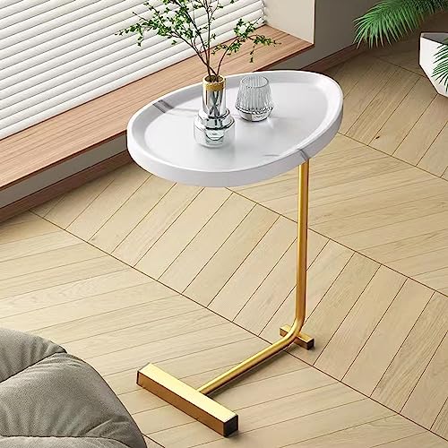 C-Shaped Side Table & End Table for Small Spaces and Living Room, Modern Nightstand Suit for Sofa Couch and Bed, White Oval top with Golden Metal Frame 2PCS 17.72"X11.8"X23.62" - color: White
