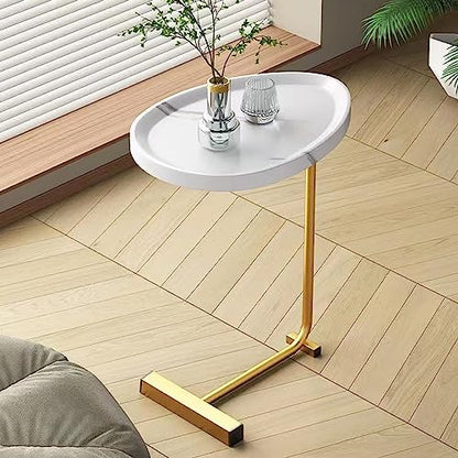 C-Shaped Side Table & End Table for Small Spaces and Living Room, Modern Nightstand Suit for Sofa Couch and Bed, White Oval top with Golden Metal Frame 2PCS 17.72"X11.8"X23.62" - color: White