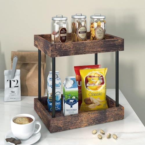 mahueeol 2-Tier Bathroom Counter Organizer with Wooden Trays | Two wooden trays organize cosmetics, skincare and toiletries on bathroom counters, vanities, kitchens and coffee stations - style: Retro
