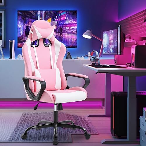 PayLessHere Ergonomic Racing Desk Chair Gaming Chair Computer Chair with Armrests 360° Swivel & Caster Pu Desk Task Chair Executive Headrest Lumbar Support for Back Pain Women Men and Adults,Pink - color: Pink