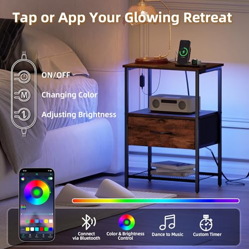 Somdot Nightstand Set of 2 with Charging Station & LED Light, Bedside Table | Dorm, Guest Room, Kids Room, Laundry, Closet, Entryway and Hallway, Brown - color: Brown, size: 11.8"D x 15.7"W x 23.4"H (1 Drawers)