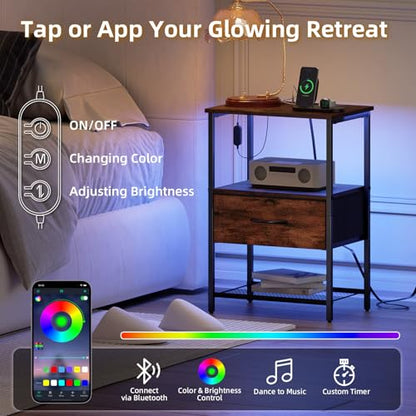 Somdot Nightstand Set of 2 with Charging Station & LED Light, Bedside Table | Dorm, Guest Room, Kids Room, Laundry, Closet, Entryway and Hallway, Brown - color: Brown, size: 11.8"D x 15.7"W x 23.4"H (1 Drawers)