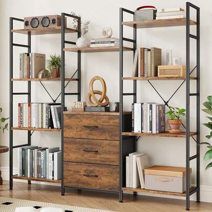 AFLUI Triple Bookshelf with 3 Fabric Drawers, 4-Tier Book Shelf and 10 Display Shelves, Industrial Large Bookcase for Home & Office, Rustic Brown, 59'' Wide - color: Rustic Brown, size: 4 Tier(59" W)