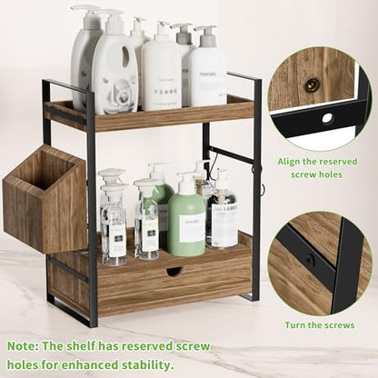 2-Tier Bathroom Counter Organizer, Wooden Vanity Shelf with Drawer & Basket | Pre-Drilled Holes, Skincare & Makeup Countertop Organizer and storage, Dark Brown - color: Dark Brown