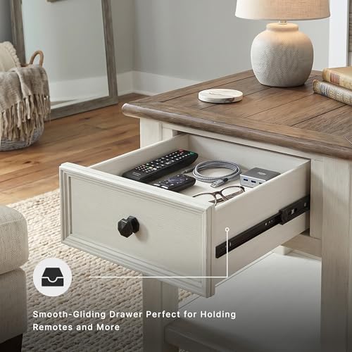 Signature Design by Ashley Bolanburg End Table for Living Room, Two-Tone Distressed Wood Side Table with Smooth-Gliding Drawer, Farmhouse Plank-Style Top, Ideal Night Stand Use, Antique White/Oak - color: Whitewash