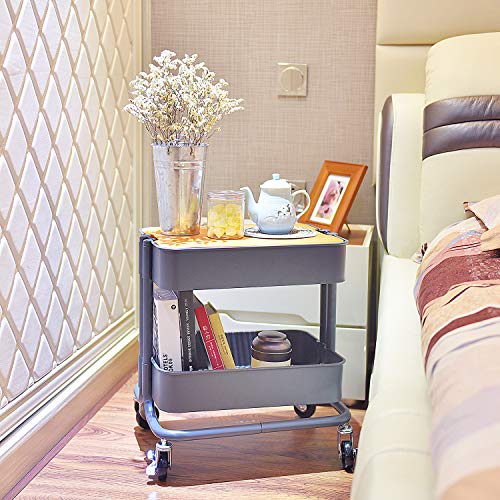 Melody House 2-Tier Metal Utility Rolling Cart Storage Side End Table with Cover Board for Office Home Kitchen Organization, Dark Gray - color: A- Dark Gray