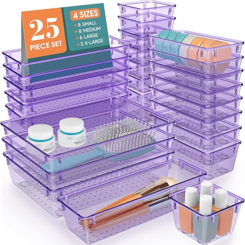 WOWBOX 25 PCS Plastic Drawer Organizer Set, Desk Drawer Divider Organizers and Storage Bins for Makeup, Jewelry, Gadgets for Kitchen, Bedroom, Bathroom, Office, Clear Purple - color: Clear Purple